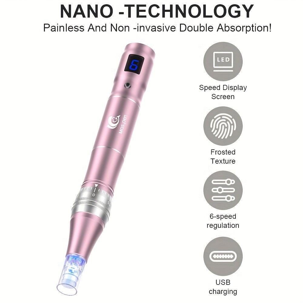 Adjustable 6 Level Derma Pen/Mas Pen with 10pcs Screw Replacement Tips 0.15mm, 500mAh Built-in Battery, Great At-home Skincare Tool