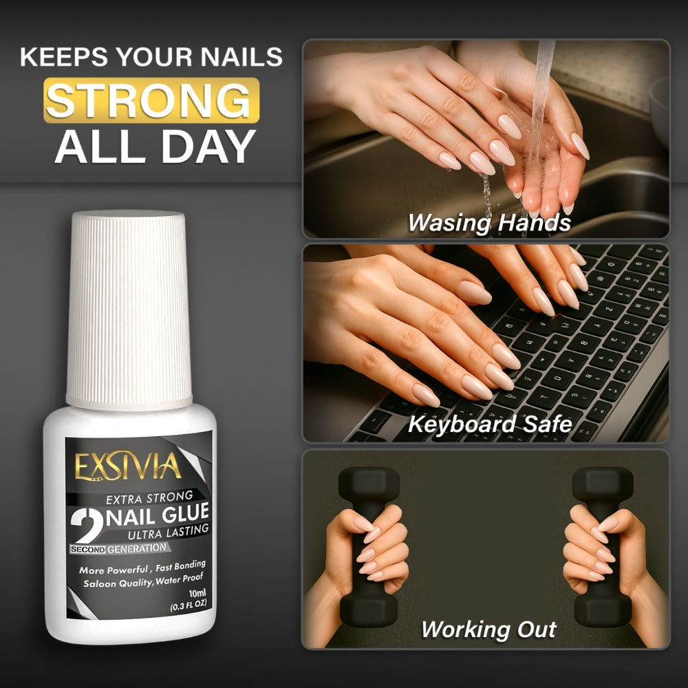 Super Strong Nail Glue for Press On Nails, Acrylic Nails & Nail Tips Exsivia 2nd Gen NailBond for Fake Nails, Extra Strength,Long Lasting, Brush on Adhesive, No Dehydrator or Primer Needed