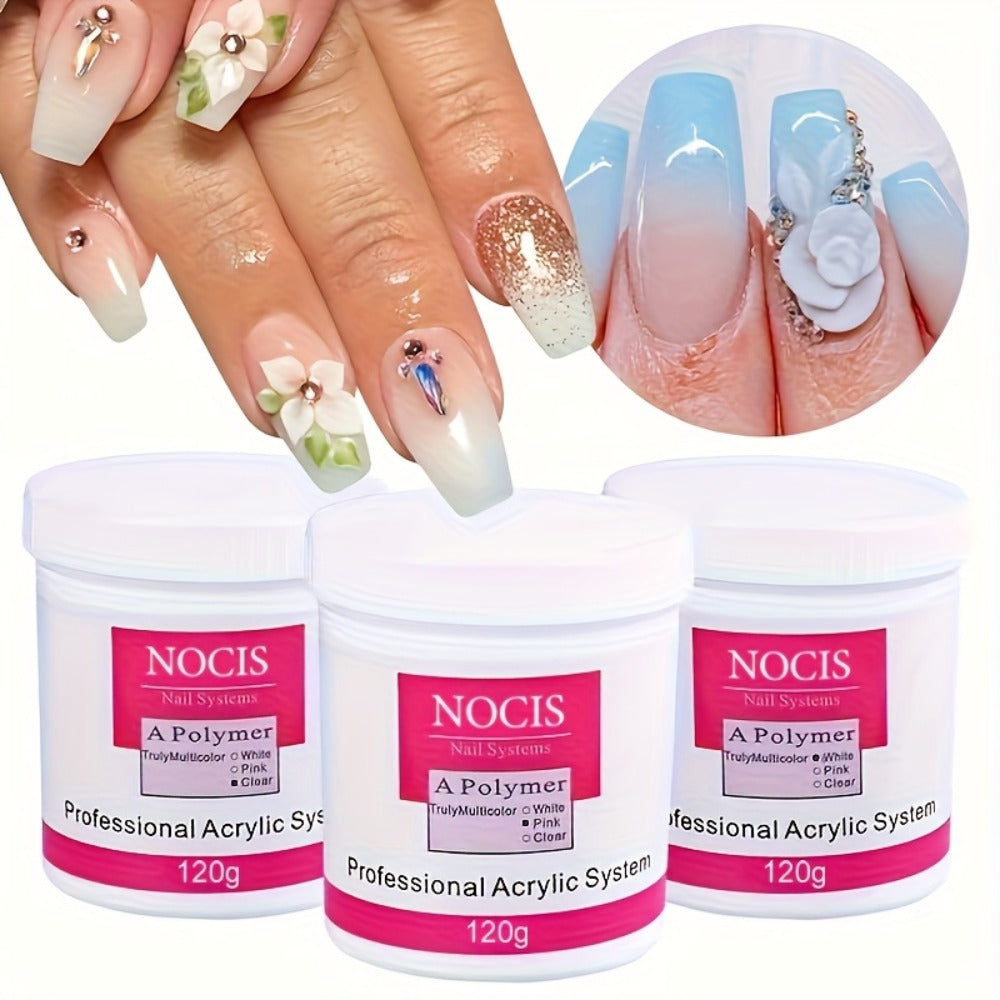 Nail Extension Powder 120g Clear Pink White No Lamp Needed Long-Lasting Acrylic Powder for Carving 3D Nail Art Professional Salon Home Use