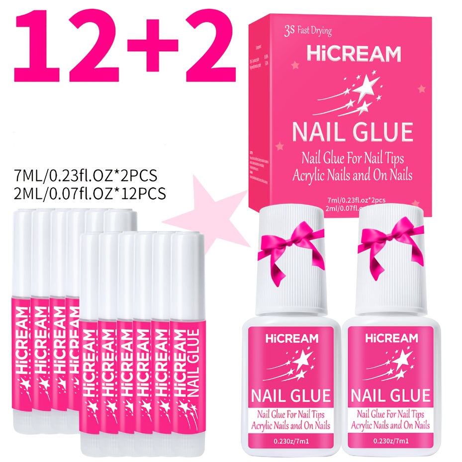 14pcs Quick-Dry Nail Glue, A Total Of 1.28oz, Super Strong Nail Glue 12pcs Of 0.07oz & 2pcs Of 0.24oz, for Acrylic & Fake Nails, Long-lasting, No Lamp Required, Super Strong Nail Glue for Press-Ons & Rhinestones, for Nail Salon Home DIY, Nail Salon