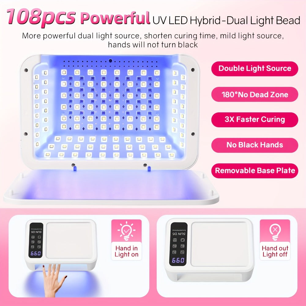 LED Nail Lamp for Two Hands, Not Rechargeable Gel Lamp Professional Nail Light Dryer with Removable Plate 2in 1 Blue & Red Light 4 Timers Auto Sensor Fast for Home & Salon DIY Manicure