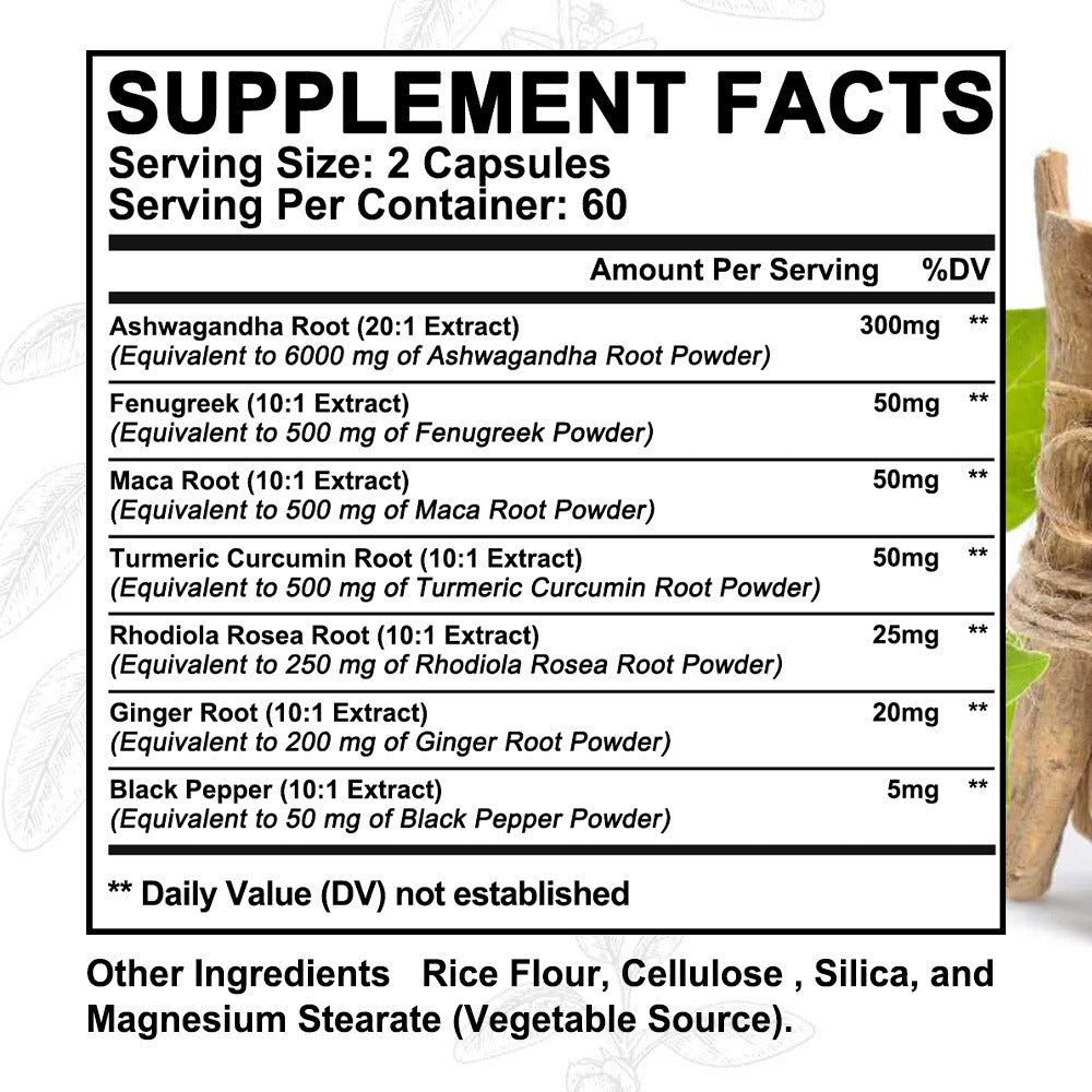 7-in-1 Supplement Containing Ashwagandha, Maca, Rhodiola Rosea, Ginseng, Etc. - Supports Stress And Nerve Health - 120 Capsules(Choose 1 Or 2 Bottles)