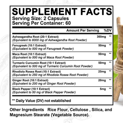 Ashwagandha Capsules 7-in-1 Adaptogen Stress Relief Supplement with Maca, Rhodiola Rosea, Ginseng & More | Supports Stress, Energy & Nerve Health | 120 Capsules | 1 or 2 Bottle Pack