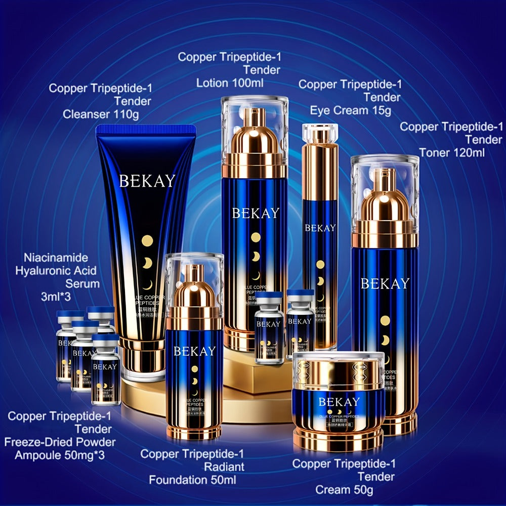 Skincare Gift Set Blue Copper Peptide & Astragalus 12pcs Box - Day Night Cream Sleep Mask Firming Brightening for All Skin Types - Valentine's Day Gift for Women