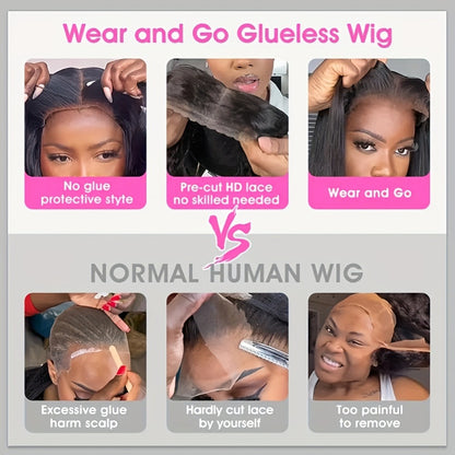 Straight Human Hair Wig 5x5 HD Lace Closure Glueless Wig Pre Bleached Knots Pre Plucked Baby Hair Wear and Go Natural Black 16-34 Inch Elegant Natural Look