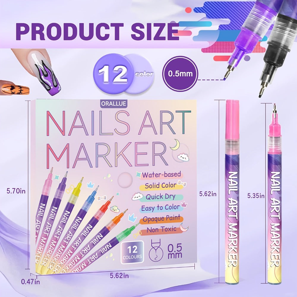 12pcs DIY Nail Art Pens Fashion Nail Art Fine Decorations - Easily Create Complex Designs - Easy-to-Use Multi-Occasion DIY Nails - 0.5mm Nail Art Pen Set - Ideal Christmas & New Year Gift