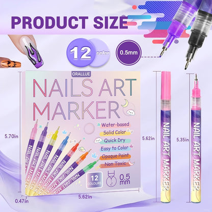 Nail Art Pens Set 12Pcs 0.5mm Fine Tip Round Head Nail Art Brush for DIY Nail Designs Detailed Line Drawing Nail Decoration Tools for Beginners and Professionals
