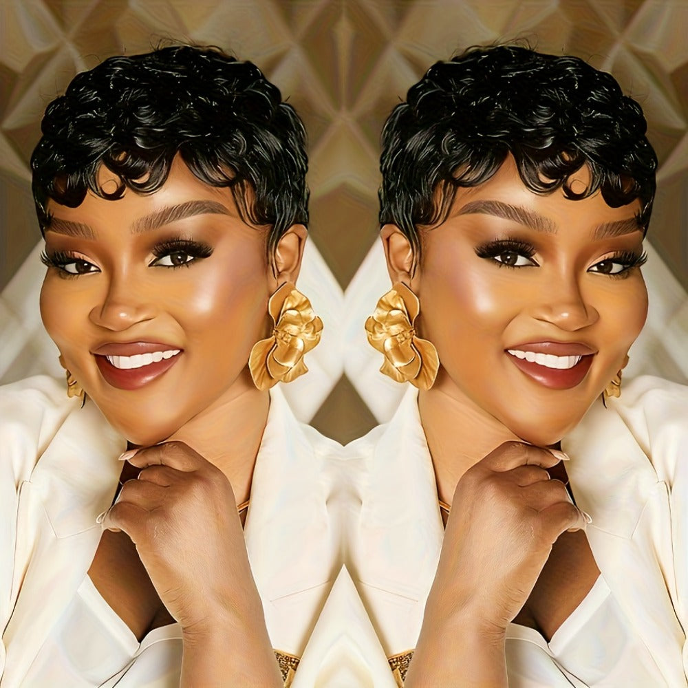 Glueless Human Hair Wig Short Curly Pixie Cut with Bangs – 180% Density Brazilian Remy Natural Black Bob, Layered Loose Curly Machine Made Wig for Women, Comfortable Daily Wear, 6 Inch