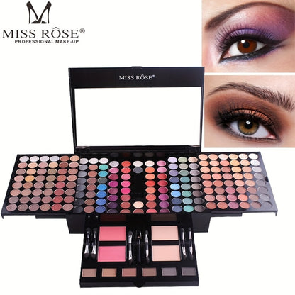 Makeup Palette Kit 190 Colors by MISS ROSE – 4-in-1 Full Face Set with Eyeshadow, Blush, Powder & Eyebrow, 8 Brushes & Mirror, Professional Makeup Kit for Women, Girls & Beginners