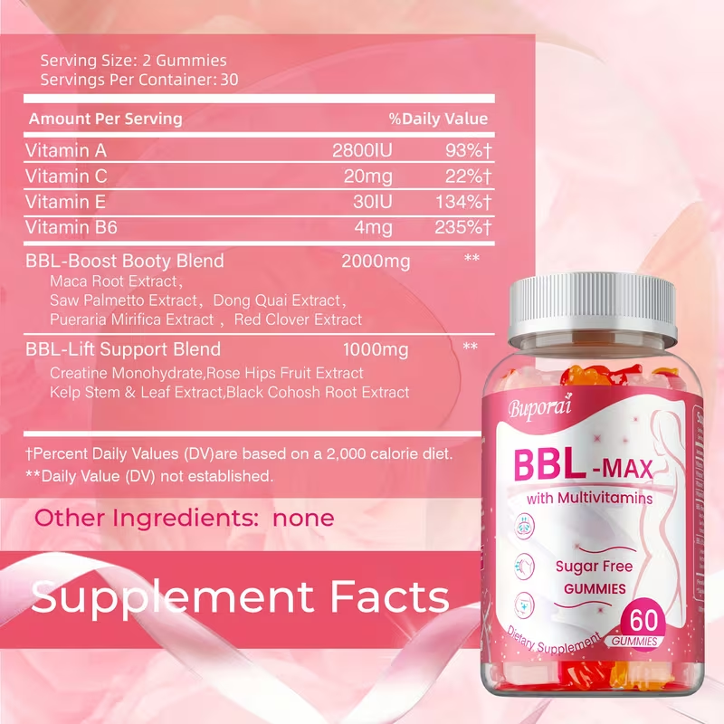 BBL Booty Gummies with Saw Palmetto & Wild Yam — Plant-Based Natural Curves Fuller Hips & Feminine Silhouette Support Supplement for Women | 60 or 120 Gummies