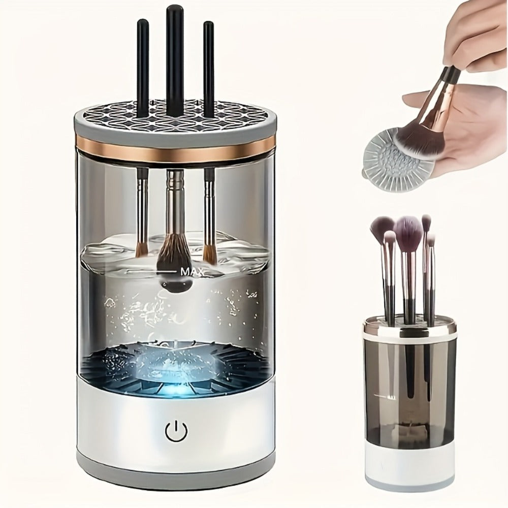 [Innovative Cleaning] Usb-Powered Makeup Brush Cleaner & Dryer - Odorless, Battery-Free, Essential Beauty Tool with Transparent Design & Copper Accents, Includes Dual-Section Brush Holder for Efficient Cleaning, Beauty Tool Accessory|Modern