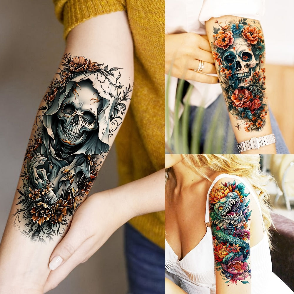 Temporary Tattoos for Adults 71 Sheets - Old School Halloween Tiger Wolf Lion Dragon Skull Floral Gothic Punk Chicano Body Art Fake Tattoos Long Lasting Waterproof for Parties Festivals Costumes