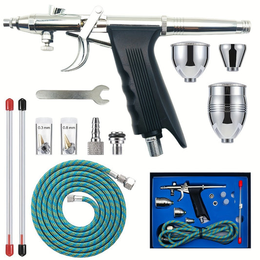 Professional Double Action Trigger Airbrush Kit with 0.3mm/0.5mm/0.8mm Needles & 2cc/5cc/13cc Paint Cups - Manual Air-Powered Spray Gun for Nail Art, Cake Decorating, Makeup, Painting - Portable, No Batteries/Electricity, Easy-Clean Design