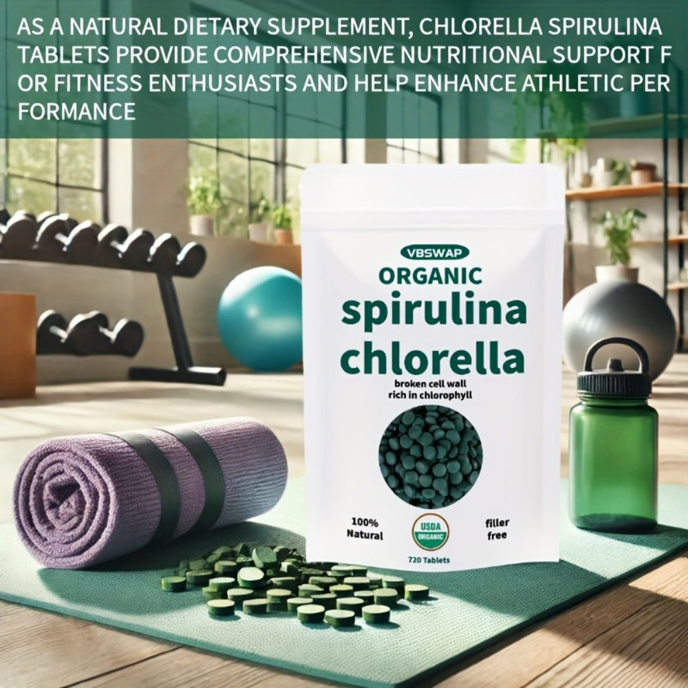 Organic Chlorella Spirulina Tablets, 720 Counts, 4 Months Supply, 50/50 Blend Superfood, No Filler, No Additives, Cracked Cell Wall, Rich In Vegan Protein, And Easy to Swallow.nutritional Supplement for