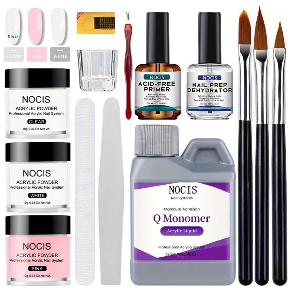 NOCIS 10G Acrylic Powder Collection, Expert Nail Art Package Including Monomer Liquid, Nail Brush, Forms, Dappen Dish, Odorless, Gift Package for Salon-Standard Manicures