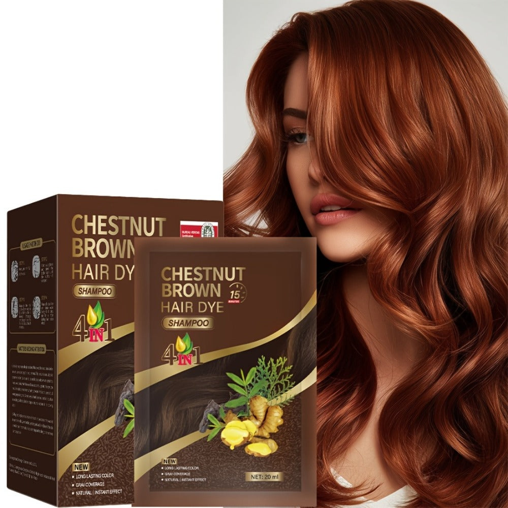 Hair Dye Shampoo 3-in-1 Portable Sachets Box of 10 Packs - Natural Hair Color, Deep Cleansing, Grey Coverage, Travel-Friendly Individual Packaging for Men & Women, Black Dark Brown Chestnut Coffee
