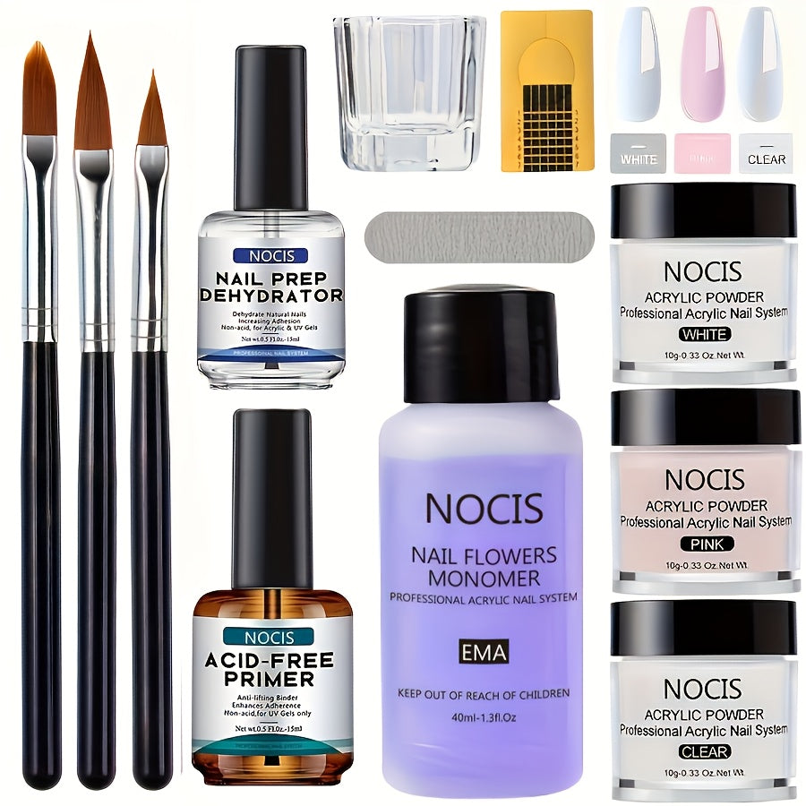1 Set NOCIS Acrylic Nail Kit for Beginners - DIY Nail Extension, Includes 0. 33oz Clear, White, Pink Powder & Liquid, Nail Brushes, Unscented, Salon-Quality Home Manicure Tools