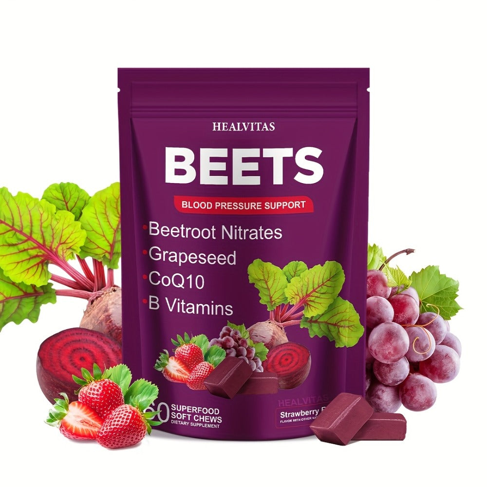 Super Beets All-in-One Beet Root Gummies & Chews - Beet Powder with Vitamins B12/B6, CoQ10 & Grapeseed - Heart Health Support, Blood Pressure Health Supplement, Blood Flow Booster - Chewable Vitamins for Blood Pressure Support 1pc/2pcs/3pcs
