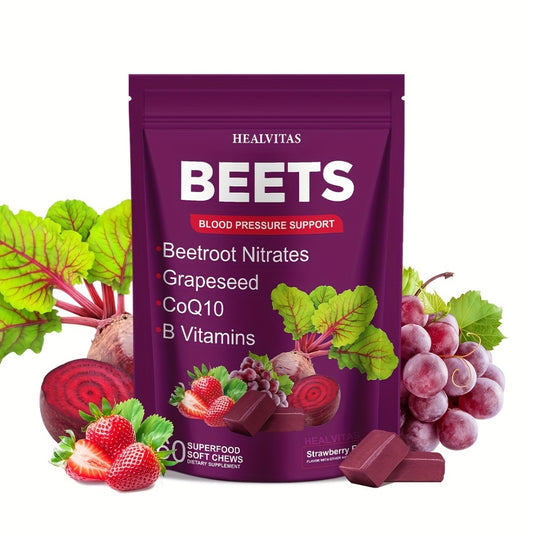 Super Beets All-in-One Beet Root Gummies & Chews - Beet Powder with Vitamins B12/B6, CoQ10 & Grapeseed - Heart Health Support, Blood Pressure Health Supplement, Blood Flow Booster - Chewable Vitamins for Blood Pressure Support 1pc/2pcs/3pcs