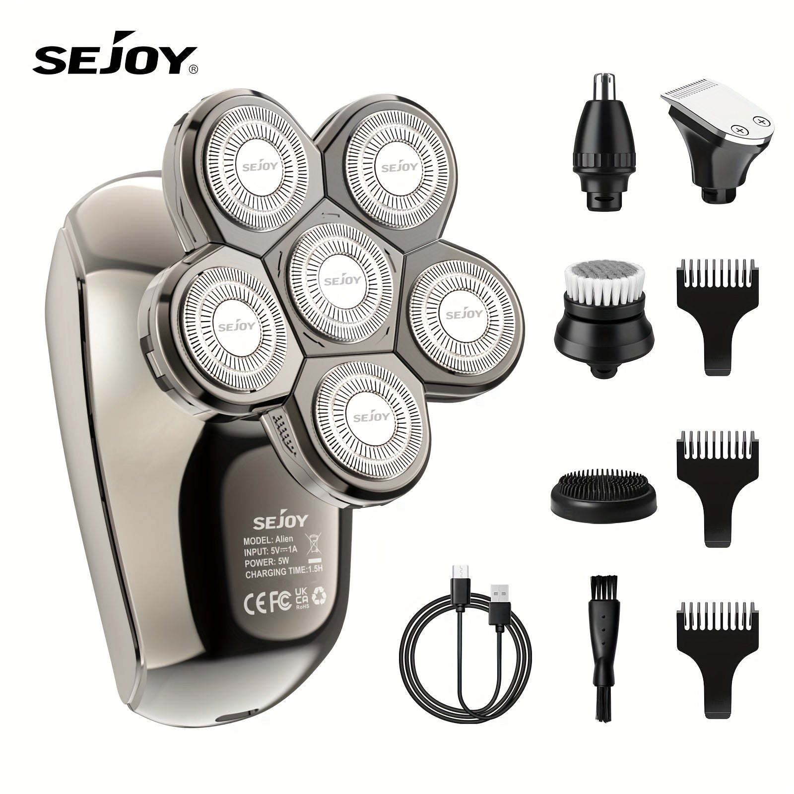 7D Electric Shaver for Bald Men - 7 Floating Heads, Nose Hair Trimmer & Facial Cleaning Brush, 1.5H Fast Charging, Travel Lock, Rechargeable Men's Head Shaver Gift Set