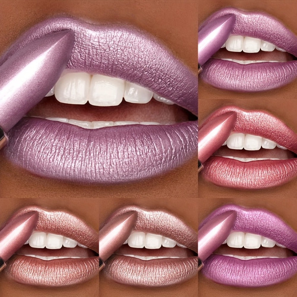 Lipstick Set 6Pcs Shimmer Lip Gloss Waterproof Long Lasting Lip Color Coral Pink Red Purple Makeup Kit for Women Travel Friendly All Day Wear