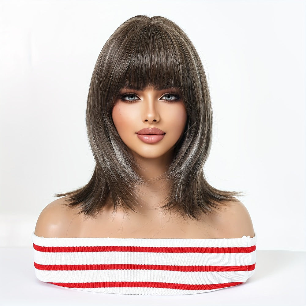 14 Inch Women'S Elegant Gradient Brown Dye Ticked Qi Liu Hair Layered Hair Chemical Fiber Wig, Rose Hairnet High Temperature, Suitable for Various Occasions