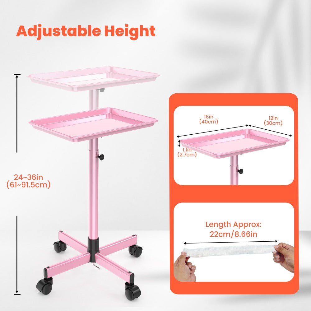 Premium Salon Tray Cart - Tattoo Tray in Gold & Pink, Adjustable Height Rolling Trolley for Spa, Salon & Hairstylist – Mobile Utility Tray with 10 Disposable Salon Tray Covers (Fits Trays ≤ 27.5in) for Storage & Organization