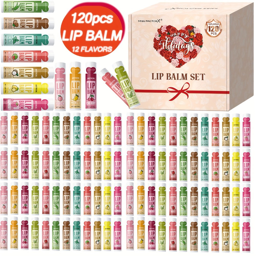 120pcs MISS FACTORX Lip Balm Gift Set - 12 Unique Flavors, Long-Lasting Moisturization & Natural Shine, Jojoba Oil Included, Suitable for All Skin Types, Ideal Choice for Mother's Day and Party Gifts