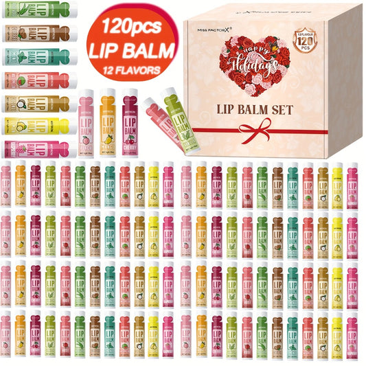 120pcs MISS FACTORX Lip Balm Gift Set - 12 Unique Flavors, Long-Lasting Moisturization & Natural Shine, Jojoba Oil Included, Suitable for All Skin Types, Ideal Choice for Mother's Day and Party Gifts