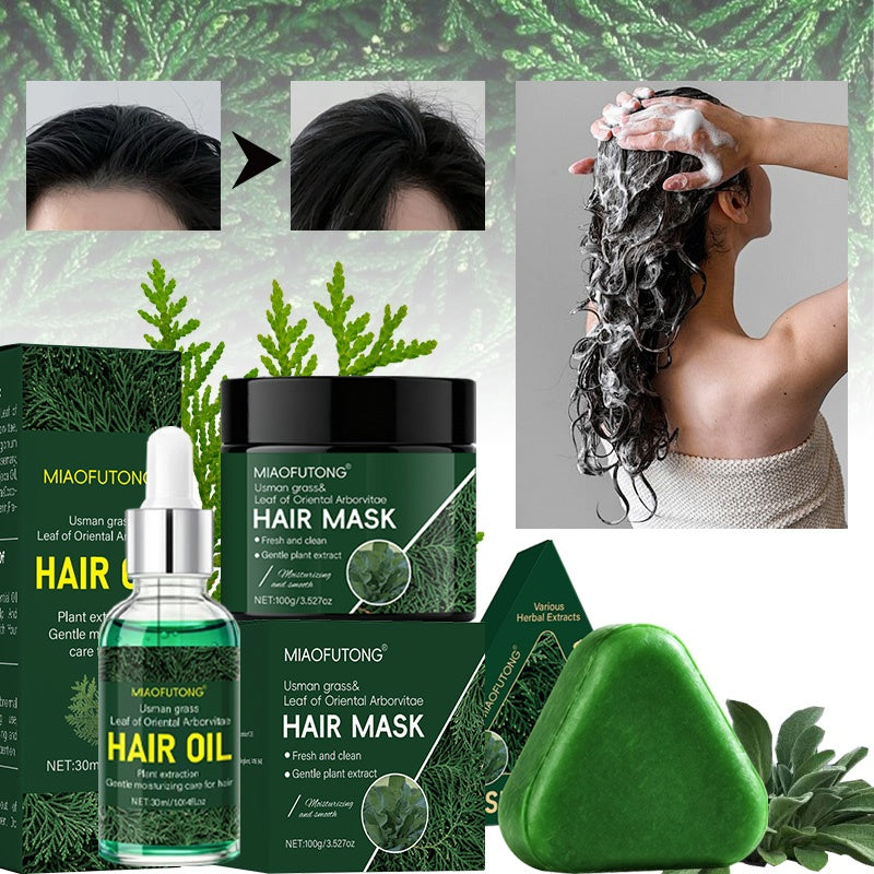 Three Piece Hair Care Combination Set-Usman Herbal Shampoo Bar + Usman Herbal Essence + Usman Herbal Hair Mask Care Set, Deeply Cleanses, Cleans Hair And Scalp, Suitable For Oily Hair Shampoo, Usman Herbal, Can Nourish Hair And Protect Hair Quality