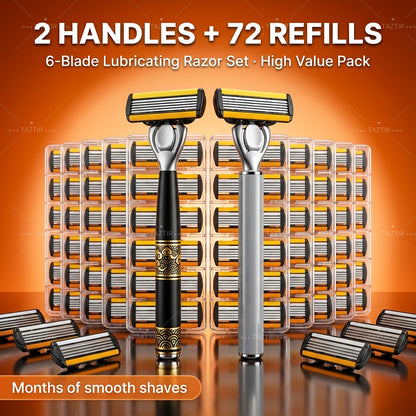 Luxury Men's Razor 6-Layer Blades — 2 Ergonomic Handles & 72 Replaceable Blades, Precision Shaving Kit, Christmas & Valentine's Day Gift for Men