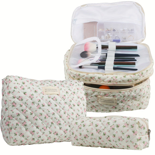 Makeup Bag Set 3PCS Quilted Cotton Dual Layer Large Capacity Floral Coquette Aesthetic Travel Cosmetic Bag Women Toiletry Organizer Cute Soft Fabric Pouch Blue Pink Purple 6 Styles