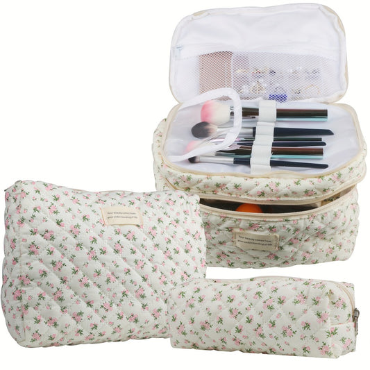 Large Capacity Dual Layer Cotton Makeup Cosmetic Bag (3PCS), Cute Quilted Travel Coquette Aesthetic Floral Make up Bag for Women Toiletry Bag