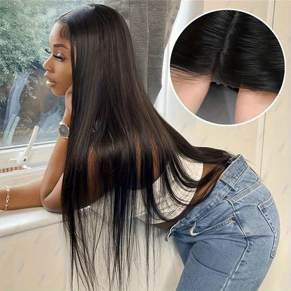 Straight Human Hair Wig 5x5 HD Lace Closure Glueless Wig Pre Bleached Knots Pre Plucked Baby Hair Wear and Go Natural Black 16-34 Inch Elegant Natural Look