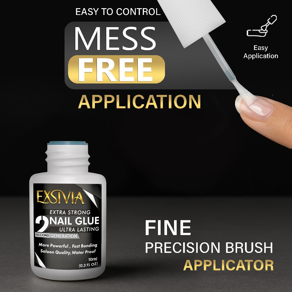 Super Strong Nail Glue for Press On Nails, Acrylic Nails & Nail Tips Exsivia 2nd Gen NailBond for Fake Nails, Extra Strength,Long Lasting, Brush on Adhesive, No Dehydrator or Primer Needed