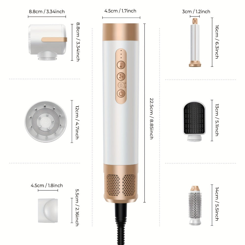 Hair Dryer Brush 7 in 1, 110000 RPM Hair Dryer with Diffuser for Curly And Twisted Hair Professional Ionic Brush Blow Dryer for Salon-Quality Styling, White Golden