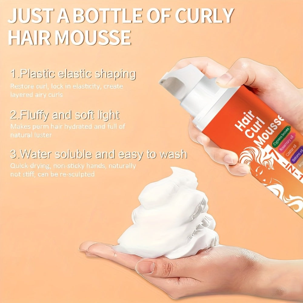 Hair Curl Mousse 7-in-1 Natural Oil Blend Long-Lasting Hold - Deep Moisturizing Smoothing Curl Defining Foam Rosemary Castor Coconut Oil Wavy Curly Hair Women Men 6.76oz