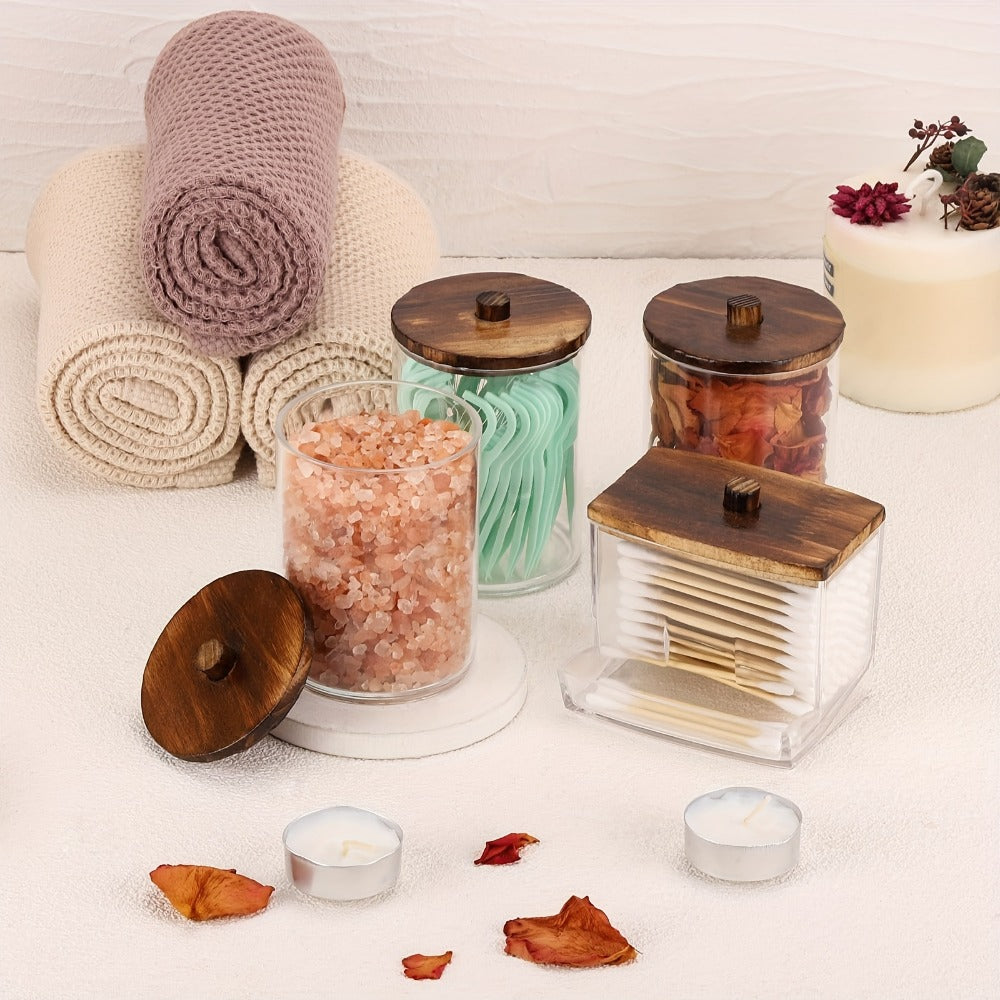 6pcs Storage Box (3 Cups + 3 Lids) Storage Jar, Food Storage, Cosmetic Storage, Swab Box with Bamboo Lid, Sealed, Dustproof, Gift Set