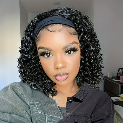 Headband Wig Curly Wavy Black Synthetic Glueless No Lace Elastic Cap Heat Resistant Fiber Beginner Friendly for Women Daily Wear Party Cosplay 12 16 22 Inch