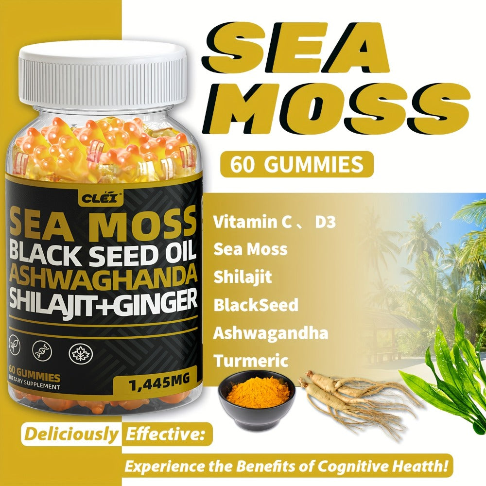 Sea Moss, Black Seed Oil, Ashwagandha, Ginger, Shila Gummies with Elderberry, Chlorophyll, Turmeric, Bladderwrack 1445mg, 60 Gummies | 1/2/3 Bottle