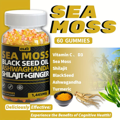 Sea Moss Gummies 1445mg with Black Seed Oil Ashwagandha Elderberry Turmeric Bladderwrack Chlorophyll & Ginger | 10-in-1 Superfood Immune & Energy Support | 60 Gummies Per Bottle