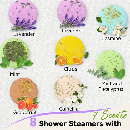 Shower Steamers Aromatherapy 6pcs Essential Oil Shower Tablets Eucalyptus Lavender Mint Citrus Jasmine Grapefruit Natural Spa Shower Bombs Self Care Gift for Women Men Bath Tablets