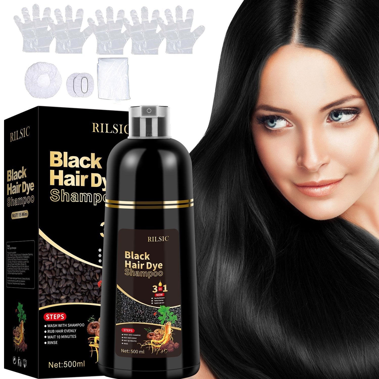 RILSIC 1pc Hair Dye Shampoo 3 IN 1 For Women & Men, Instant Hair Color, 100% Grey Hair Coverage, Plant Squalene Natural Hair Dye Coloring In Minutes (16.91oz)