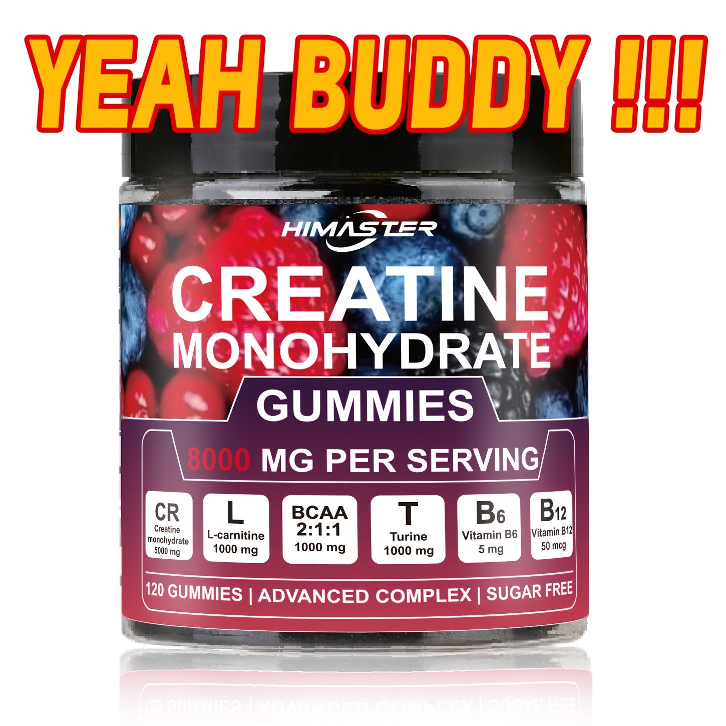 [Yeah Buddy] 8000mg Creatine Monohydrate Blueberry Gummies | with L-Taurine, with BCAA, Vitamin B6 & B12, for Men & Women, 120 Count