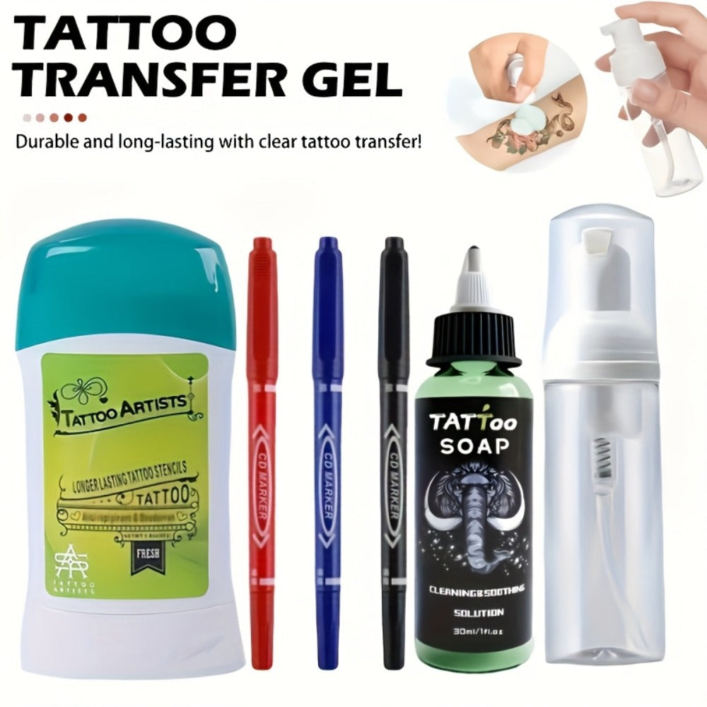 Temporary Tattoo Transfer Kit with Ink Gel Green Soap Solution Stencil Markers Complete Tattoo Art Set for Beginners and Professional Artists 6 Piece and 12 Piece Travel Friendly Tattoo Supplies