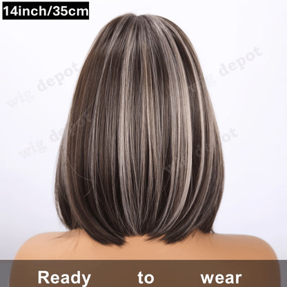Bob Wig 4x1 U Part Lace Front Rose Net Cap - Middle Part Glueless Wig for Women Brown Highlights Milky White Black Pink 14 Inch