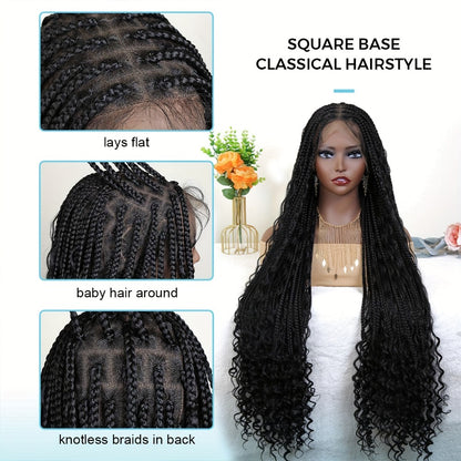 Box Braids Wig for Women Full Lace — 48 Inch Bohemian Braided Wig with Boho Curls, Black Lace Front Braid Wig for Halloween Cosplay Festival Party Protective Style