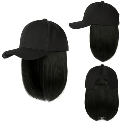 Hat Wig for Women Baseball Cap with Attached Hair Short Bob 12 Inch 2-in-1 Glueless Synthetic Straight Adjustable Breathable Cap Heat Resistant Natural Look Easy Wear