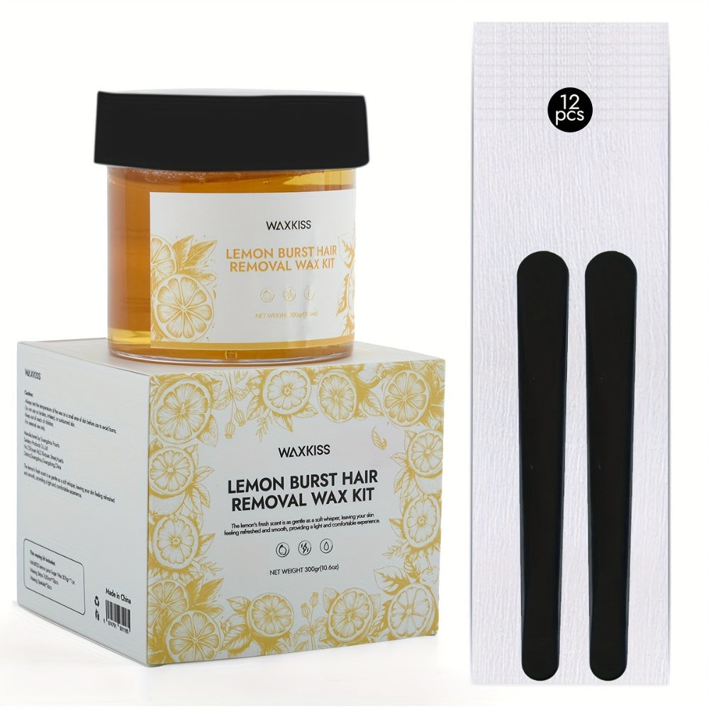 WAXKISS 300G Lemon Sugar Wax Hair Removal Soft Wax Beeswax Hair Removal Kit New Formula Is Gentle And Non-Irritating, Precise Hair Removal Without Residue, (1 Can Of Soft Wax, 12pcs Of Hair Removal Paper, 2 Wax Sticks)