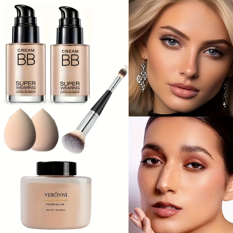 BB Cream and Setting Powder Set 2pcs with Tools Moisturizing Concealer Oil Free Matte Long Lasting Face Makeup for Women Light Natural Skin Tone